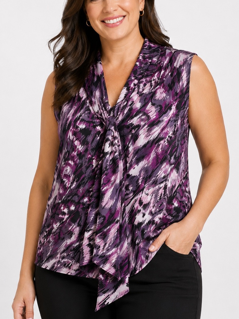Bar III Tie Neck Sleeveless Blouse Womens 1X Purple Abstract Tie Neck Career Top
